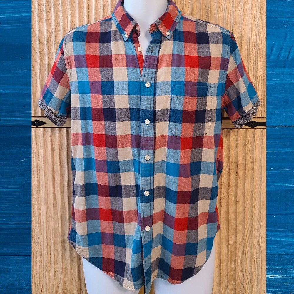 Merona Red, Blue & Cream Plaid Button-Down Shirt – Size M